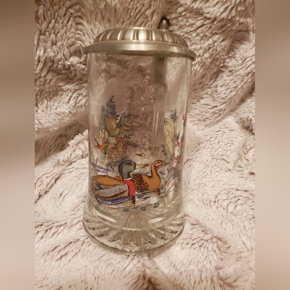 Vintage German Beer Stein Clear Glass w/ Pewter Lid Mallard Duck Painting - Picture 1 of 7